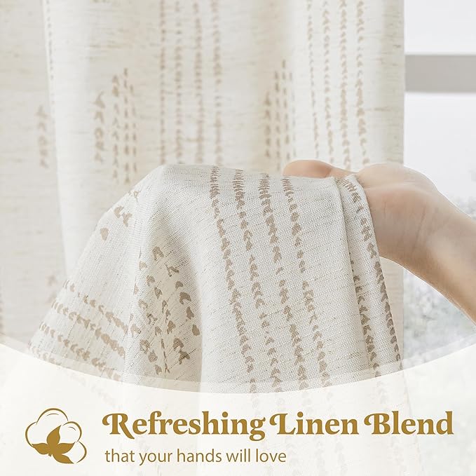 Boho Linen Curtains for Bedroom Living Room Taupe Farmhouse Boho Curtains 96 Inches Long Geometric Striped Patterned Mudcloth Grommet Top Light Filtering Window Drapes 2 Panels Taupe on Beige