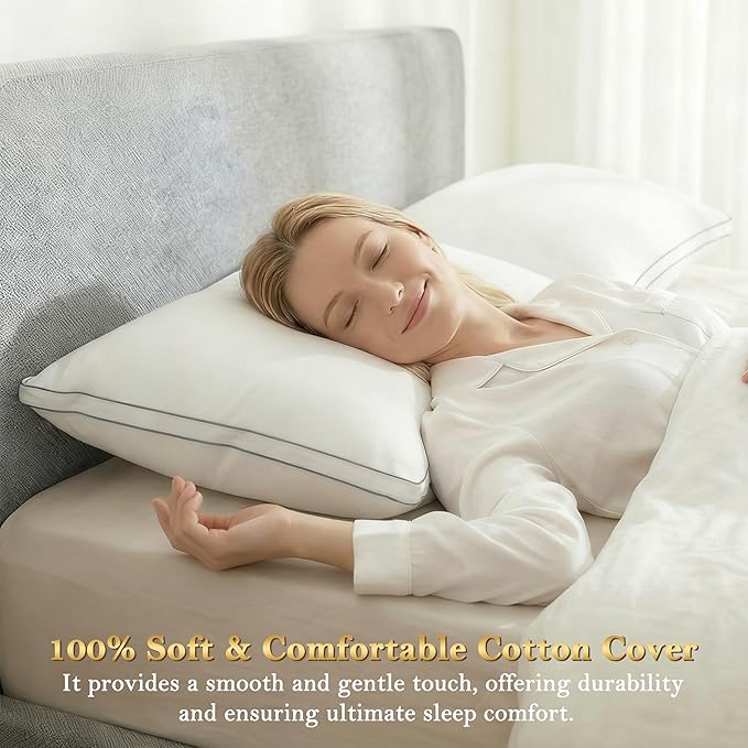 Feather Pillows King Size Set of 2 Goose Down Pillows with 100% Breathable Cotton Cover, Hotel Collection Bed Pillows for Sleeping, Soft Support for Back, Stomach and Side Sleepers