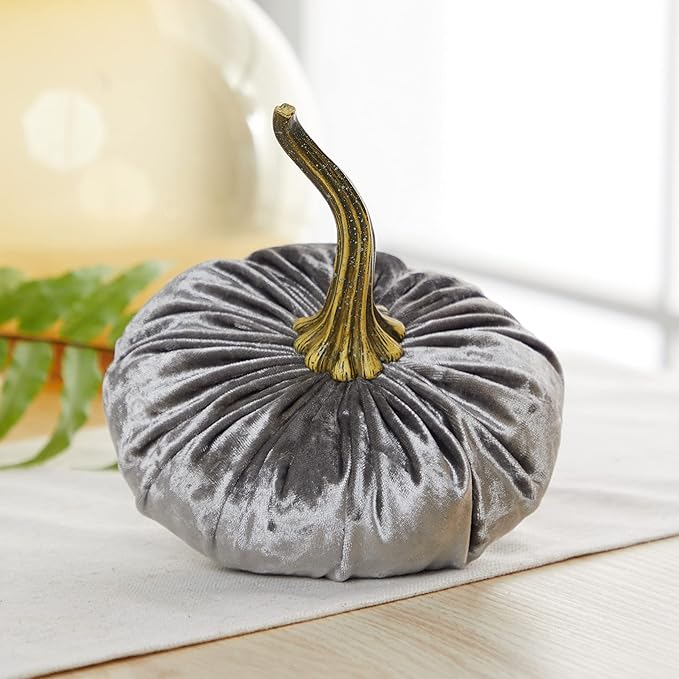 Set of 3 Velvet 6.25 Inch Pumpkins, silver platinumn accent decor, elegant luxe tablescape, tiered tray decor, cozy autumn vibe, office bookshelf, gift basket for hostess (Gray, Ivory, Platinum)