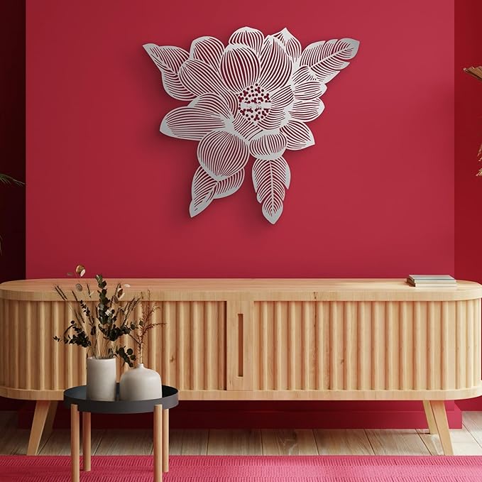 NEODECO 3D Flower Metal Wall Art, Floral Line Art, Minimalist home decor (Silver, Medium)
