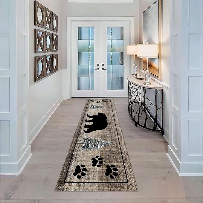 Bear Paw Runner Rug,3.3x10ft,Rustic Black Bear Forest Wildlife Washable Porch Rugs, Soft Durable Vintage Long Runner Rug for Living Room Kitchen Laundry Room Hallwey Entrance