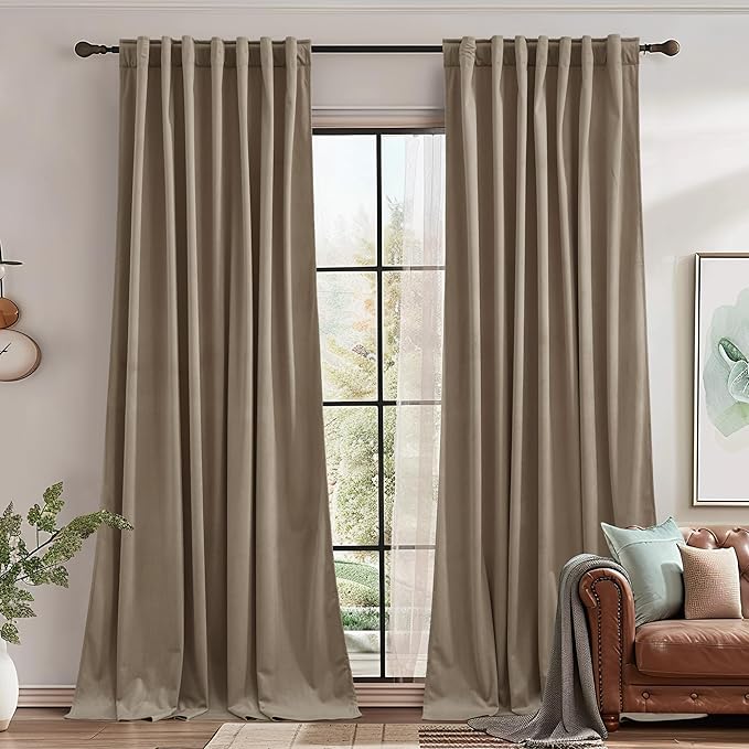 StangH Camel Beige Velvet Curtains for Living Room Sliding Door Super Soft Heavy Blackout Thermal Insulated Window Curtains for Bedroom/Boys Room/Balcony, W62 x L96, 2 Panels