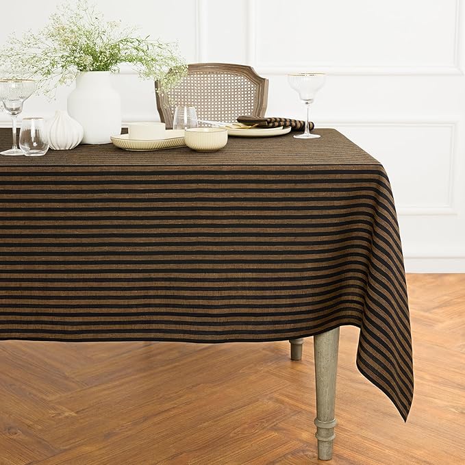 Solino Home Square Tablecloth 52 x 52 Inch - Amalfi Stripe, 100% Pure Linen Brown Sugar and Black Table Throw - Machine Washable Tablecloth for Fall, Autumn, Thanksgiving
