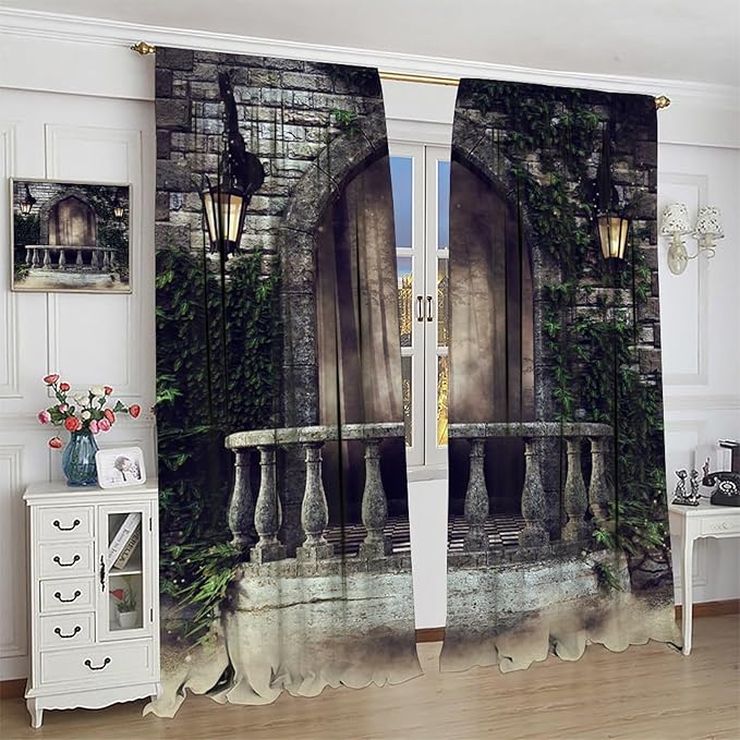 Retro Gothic Castle Arch Blackout Curtains, Mid Century European Art Aesthetics Forest Window Drapes, for Living Room Bedroom 31.5(W)*72(L) 2 Panels