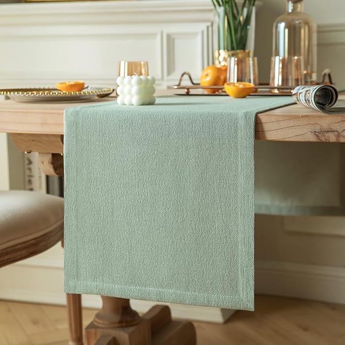 ZeeMart Burlap Style Farmhouse Table Runners 60 Inches Long, Sage Green Rustic Woven Dining Table Runner for Everyday Use, 14x60 Inches, Seafoam