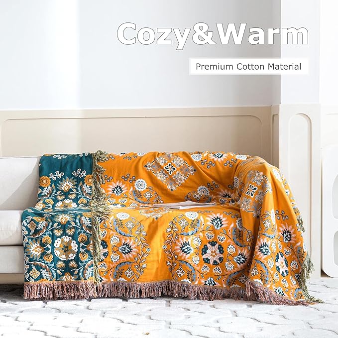 Boho Throw Blanket for Bed 100% Cotton Ultra Soft Rustic Quilt Floral Printed Farmhouse Decor Bed Fall Blanket,60"×80" All Season Rustic Large Throw for Sofa Couch Chair