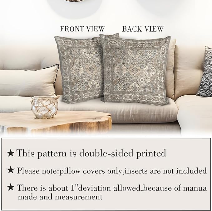 Boho Floral Throw Pillow Covers 24x24 inch Set of 2,Boho Rug Geometric Floral Pattern Decor Double Sided Pattern Cushion Cover Soft Pillow Case Living Sofa Room Bed Square Pillow Cover