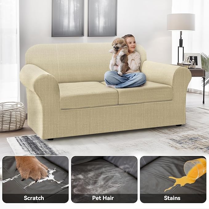 100% WaterproofLoveseat Cover 3-Piece Set Striped Loveseat Slipcovers for 2 Cushion Couch Sofa Covers with TPU Leakproof Bottom Stretch Couch Protector Pet Proof - Loveseat, Camel