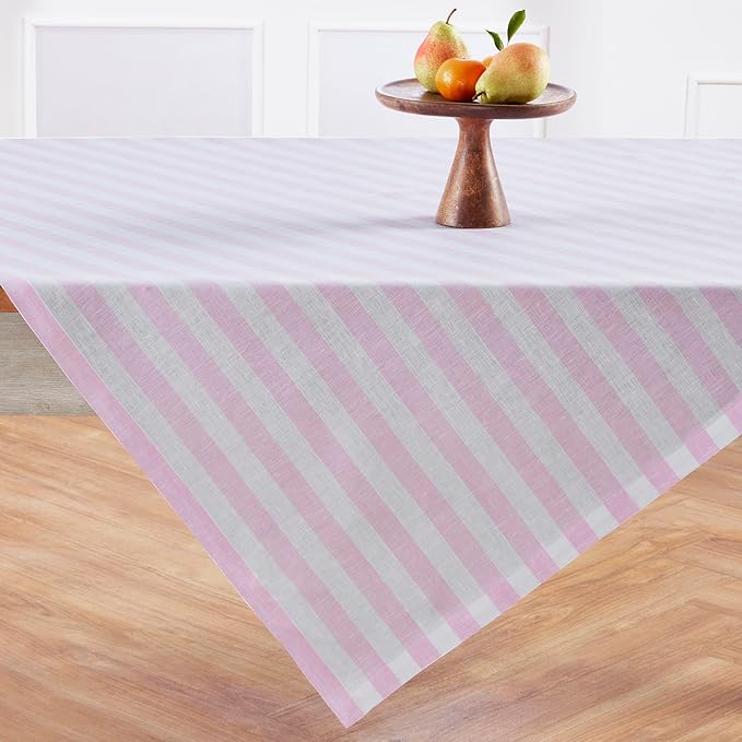 Solino Home Linen Striped Tablecloth 52 x 52 Inch - 100% Pure Linen Pink and White Square Table Throw - Sorrento Stripe, Machine Washable Tablecloth