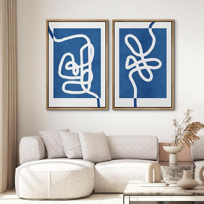 SIGNWIN Framed Wall Art Print Set White Line Contrasting Blue Backround Abstract Swirly Digital Art Modern Art Mid-Century Modern Expressive for Living Room, Bedroom, Office - 16"x24"x2 Panels