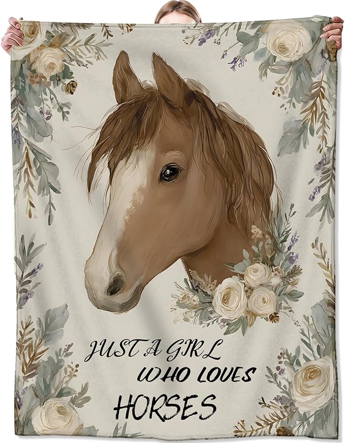Vintage Horse Floral Blanket,Rustic Gifts for Girls Women,Soft Lightweight Throw Blankets,Retro Farm Animal and Elegant Flower Throws Home Decor,for Camping Living Room Office,60x50inch