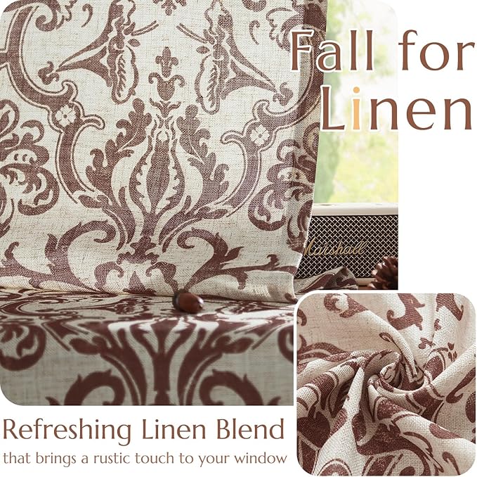 jinchan Linen Bedroom Curtains Brown Damask Patterned 72 Inch Long Living Room Light Filtering Vintage Baroque Style Drapes Grommet Window Treatments 2 Panel Set