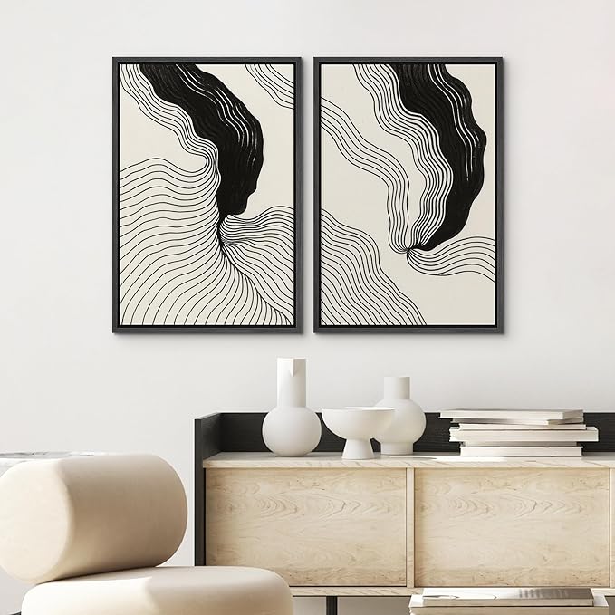 SIGNWIN Framed Canvas Print Wall Art Set Abstract Black Line Flow Minimalist Modern Art Minimal Boho Relax/Calm for Living Room, Bedroom, Office - 16"x24"x2 Black