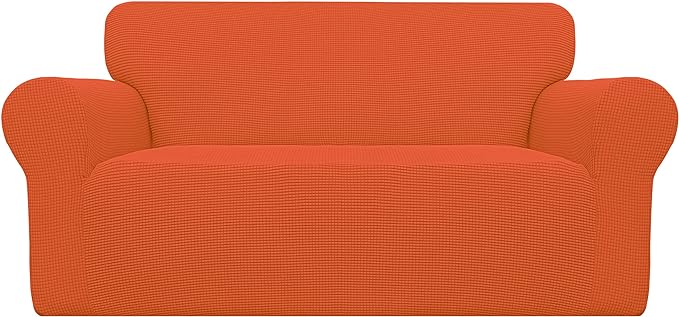 Easy-Going Stretch Loveseat Slipcover 1-Piece Sofa Cover Furniture Protector Couch Soft with Elastic Bottom for Kids Polyester Spandex Jacquard Fabric Small Checks (Loveseat, Orange)