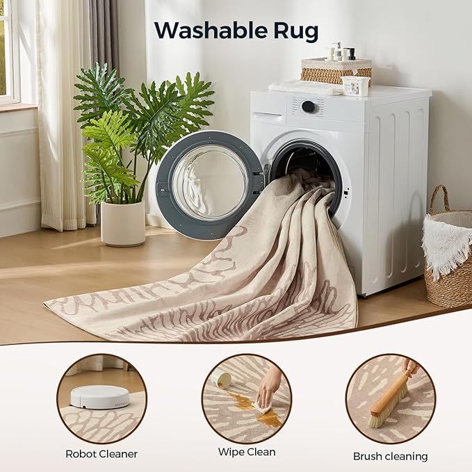 WITSHOCK 12x14 Area Rugs for Living Room: Beige Floral Washable Rugs for Bedroom Dining Room Office Nursery Modern Non-Slip Stain Resistant Low Pile Home Decor（Beige/Brown,12'x14'）