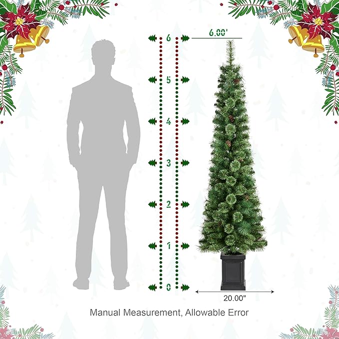 Glitzhome 6ft Prelit Artificial Christmas Tree, Green Cashmere Pine Christmas Porch Tree with pinecones,272 Pine&PVC Branch Tips,130 Warm White/Multi-Color Lights,9 Function w/Remote Control