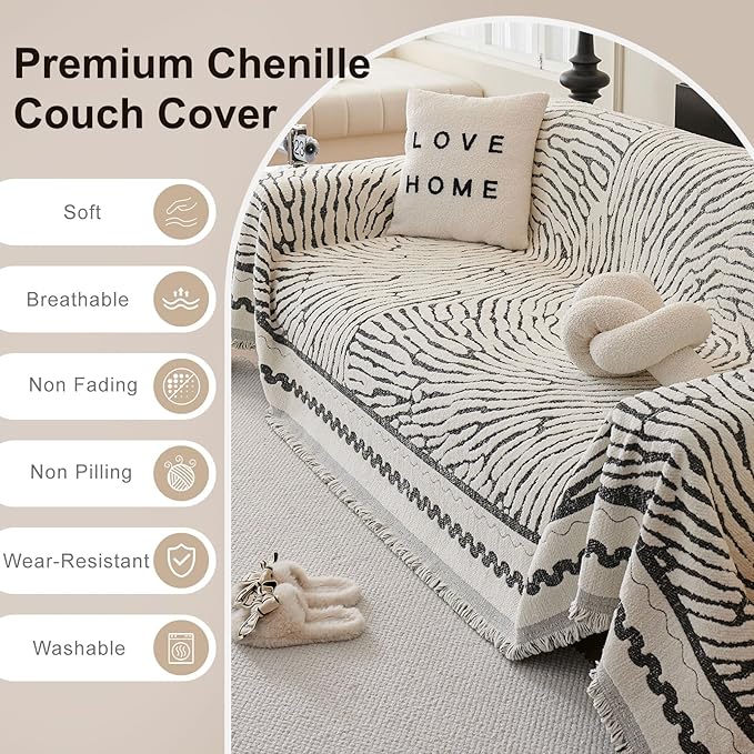 ROOMLIFE Thicked Striped Couch Cover with Tassel Black Chenille Sofa Cover Blanket for Sectional Sofa, Soft Sofa Slipcovers for L Shaped Love Seat 2-3 Cushion Couch Anti Slip Sofa Protector, 71"x118"