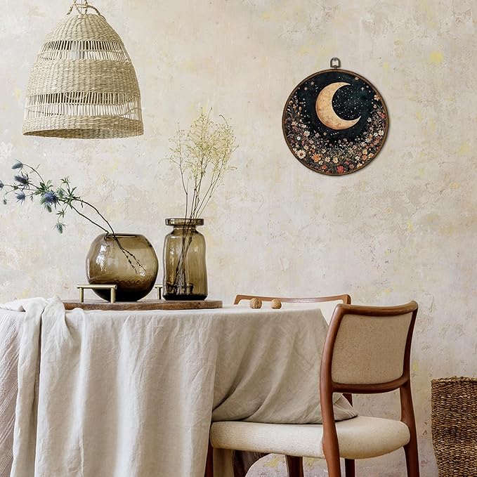 cvjutf Vintage Moon Floral Wall Art Decor Framed, Gothic Botanical Round Wall Decor, Dark Cottagecore Decor, Moody Moon Canvas Prints Art for Bedroom Bathroom Living Room, 10x10 In