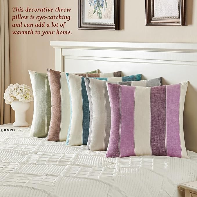 AmHoo Pack of 2 Farmhouse Stripe Check Throw Pillow Covers Set Case Cotton Linen Decorative Pillowcases Cushion Cover for Couch Bench Sofa 24x24 Inch Sage Green