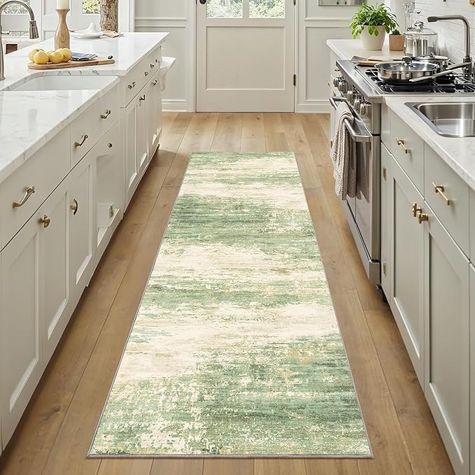 2.6x8 Modern Abstract Rug Washable Area Rugs for Living Room Bedroom Dining Room Non-Slip Low Pile Neutral Large Rug Soft Indoor Floor Carpet, Green