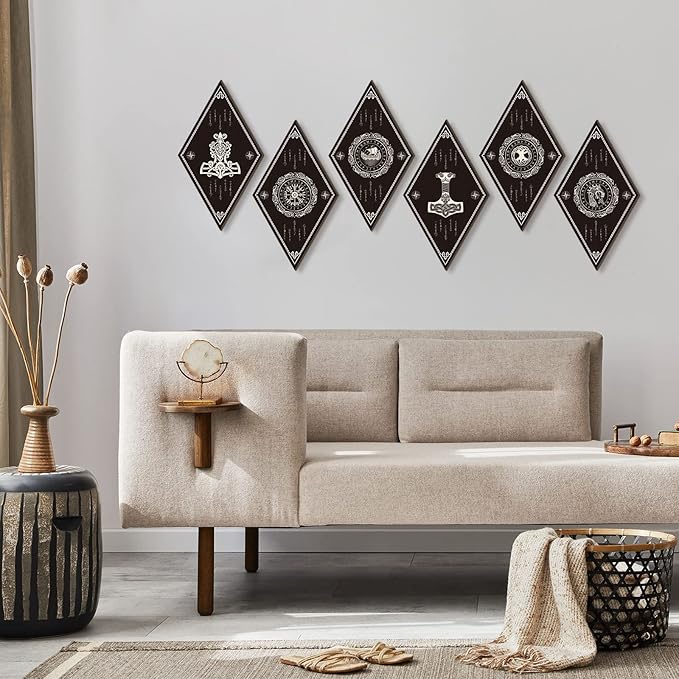 Nuenen 6 Pcs Nordic Vikings Wood Sign Celtic Drakkar Rune Wall Decor Scandinavian Vikings Boat Hanging Wooden Signs Mediaeval Wall Plaque for Christmas Home Kitchen Mythology Runes Artwork Pagan Gifts