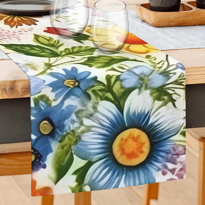 Colorful Flower Floral Table Runner 13x72 Inches Vintage Floral Faux Linen for Kitchen Dining Table Decor Wedding Birthday Party Holiday Celebration