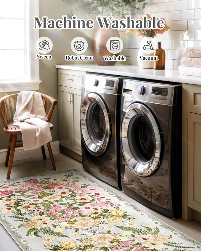Floral Runner Rug 2x6 - Washable Vintage Kitchen Rug Low Pile Non-Slip Carpet for Entryway Hallway, Laundry, Bedroom - Soft, Stain Resistant Indoor Area Rug - Grey