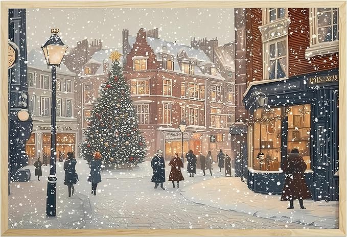 OZCONO Vintage Christmas Town Artwork for Holiday Home Decor, Snowy Winter Street Scene Wall Art, Classic Christmas Village Painting, Cozy Seasonal Winter Decoration (Unframed) (20x30)