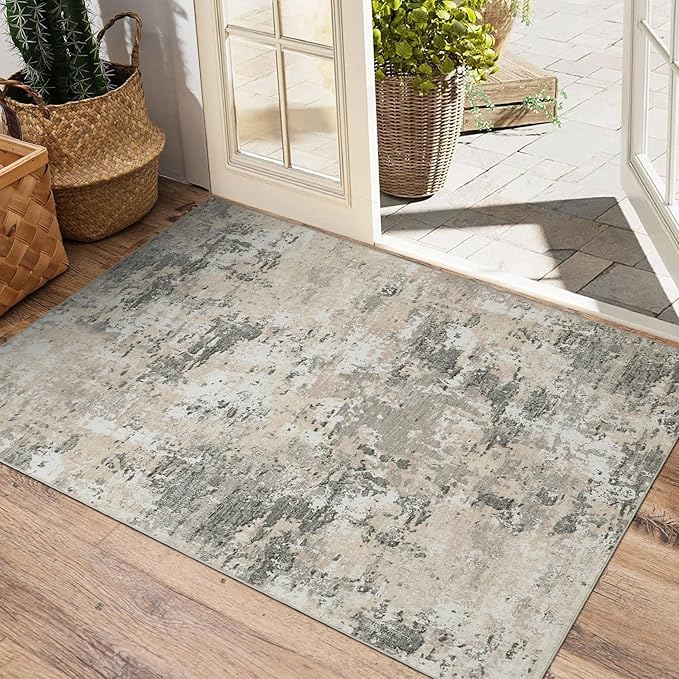 Modern Abstract 2x3 Area Rug Non Slip Non Shedding Low Pile Stain Resistant Rug for Entryway Kitchen Bedroom,Grey Yellow
