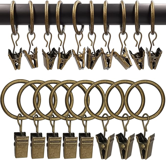 44 Pack Metal Curtain Rings with Clips, Drapery Clips with Rings, Drapes Rings 1 inch Inner Diameter, Fits Diameter 5/8 inch Curtain Rods, Vintage Bronze