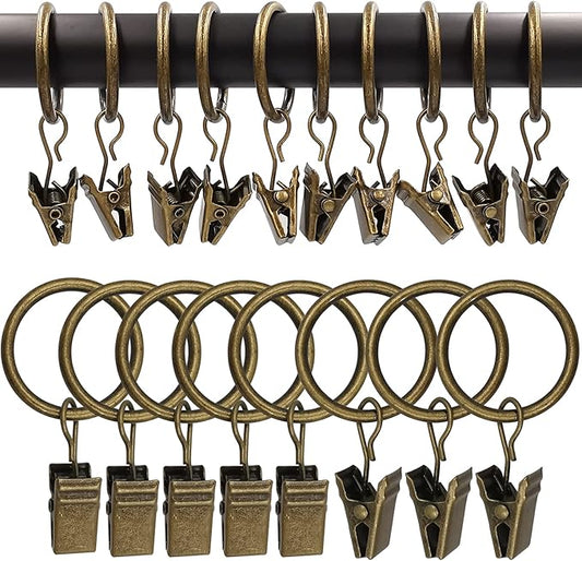 100 Pack Metal Curtain Rings with Clips, Drapery Clips with Rings, Drapes Rings 1 inch Inner Diameter, Fits Diameter 5/8 inch Curtain Rods, Vintage Bronze