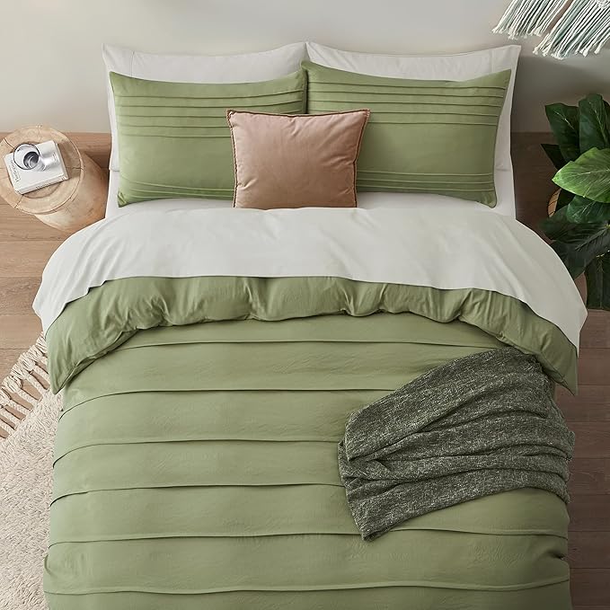 Oli Anderson Sage Green Duvet Cover Twin Size - Pleated Twin Duvet Cover, 2PCS Soft and Breathable Textured Bedding Set with Zipper Closure(Sage Green,68"x90")
