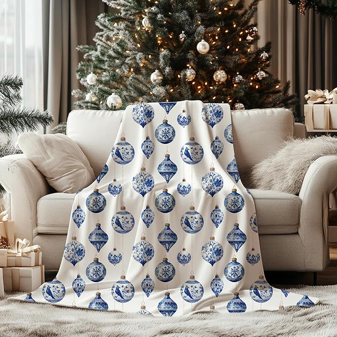 Blue Porcelain Christmas Ornament Blanket, Elegant Holiday Fleece Throw, Chinoiserie-Inspired Winter Home Décor