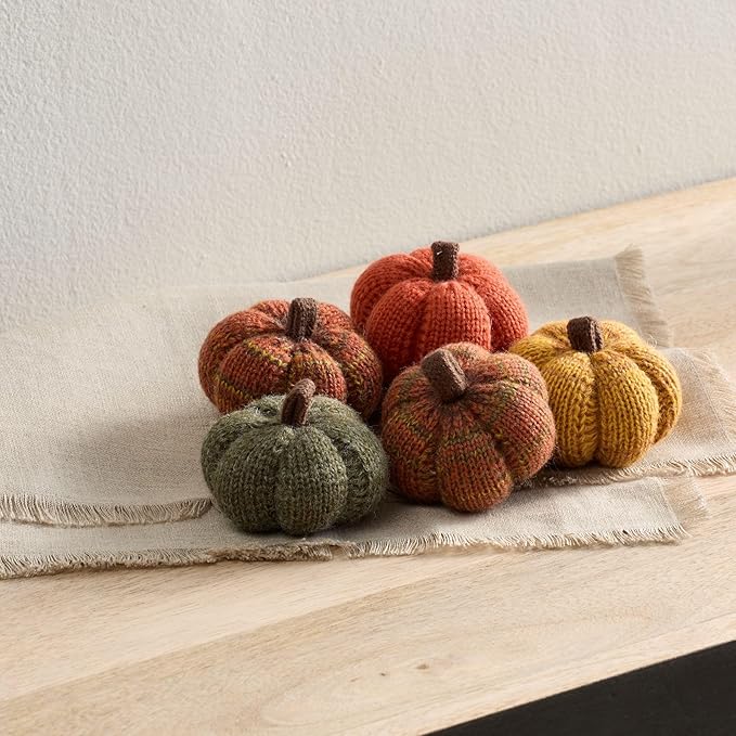 Your Heart's Content Set of 5 Mini Knit Pumpkins, Cozy Autumn Home décor, Green décor, Warm Golden Orange Bowl Filler, Table top Shelf Sitter (Spiced Maple 2.5 Inch Set)