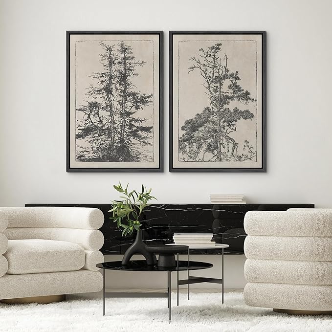 SIGNWIN Framed Canvas Print Wall Art Set Vintage Botanical Tree Sketches Illustrations Modern Art Minimal Boho Relax/Calm for Living Room, Bedroom, Office - 16"x24"x2 Black
