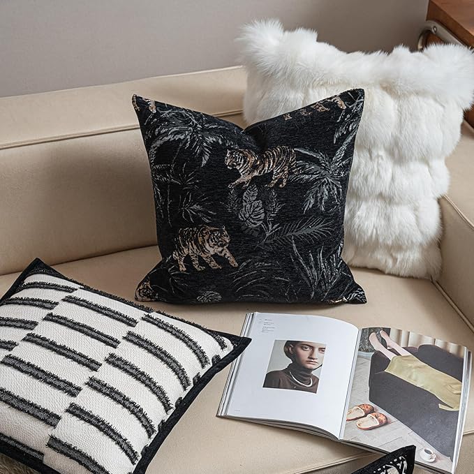 New 18x18'' inches Throw Pillow Cushion Covers - Black Color with Chenille Jacquard Embroidery Golden Tiger Luxury Modern Style Couch Sofa Bed Pillow Cover for Living Room Bedroom