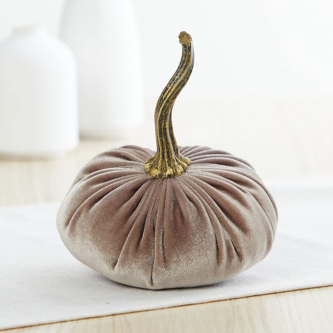 Your Heart's Content Velvet Pumpkin Set of 4, Autumn Accent, Fall Halloween, Thanksgiving tablescape, Tiered Tray Centerpiece Decor (Sm Gray Taupe Ivory Black)