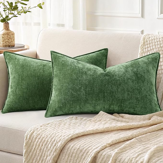 decorUhome Christmas Couch Throw Pillow Covers 12x20 Set of 2, Decorative Soft Euro Velvet Neutral Chenille Lumbar Pillow Covers with Elegant Design for Sofa Bed Living Room Home Decor, Moss Green