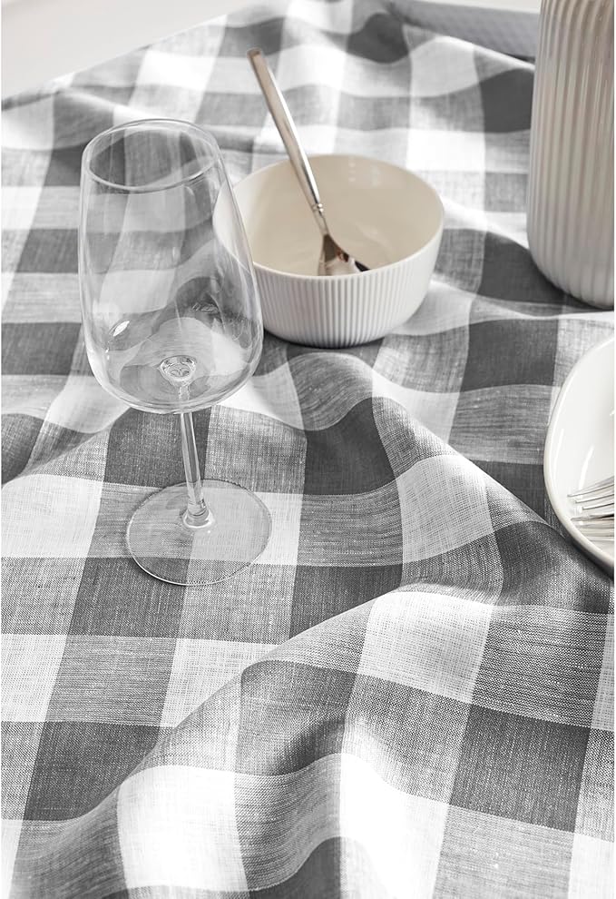 Solino Home Linen Checkered Tablecloth 52 x 52 Inch - 100% Pure Linen Grey and White Square Table Cloth - Machine Washable Buffalo Plaid Table Throw for Fall, Autumn, Thanksgiving, Christmas, Winter