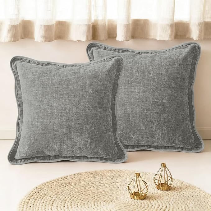 CaliTime Throw Pillow Covers Decorative 18 X 18 Inches Pack of 2 Cozy Chenille Scalloped Wavy Edge Cushion Cases for Couch Sofa Bed Living Room Farmhouse Medium Grey