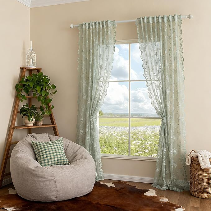 MEETSKY Lace Sheer Curtains 63 Inch Length Sage Green Vintage Victorian French Elegant Farmhouse Decor for Living Room Bedroom Back Tab Rod Pocket Light Filtering Drapes, 50" W Each Panel, 2 Panels