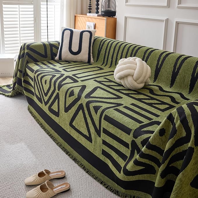 DREAMINGO Boho Couch Cover Washable Chenille Sofa Cover Blanket Green Black Furniture Protector for Sectional 2 Cushion Couch Reversible Geometric Jacquard Loveseat Slipcover, Large 71"x118"