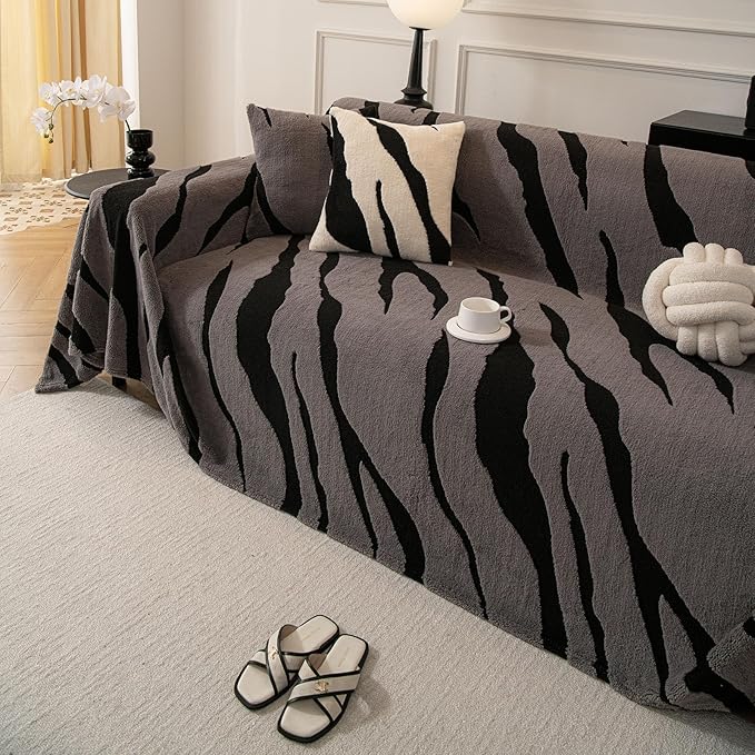 ROOMLIFE Striped Boho Gray Couch Cover for 2-3 Cushion Sofa, Fuzzy Plush Warm Sofa Slipcovers Sectional Sofas Covers, Non Slip Washable Furniture Protector Soft with Tassel,Winter 71''X150”