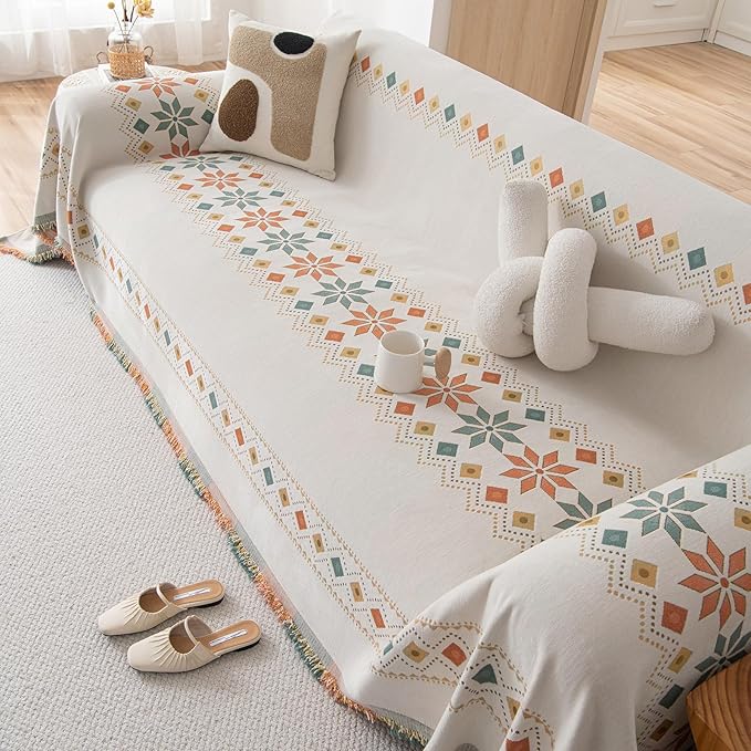 VClife Boho Couch Cover White Geometric Jacquard Sofa Cover 1 Piece Large Couch Covers for 3 Cushion Couch Sofa Washable Plush Chenille Sofa Protector for Living Room Bedroom 71x150 Inch