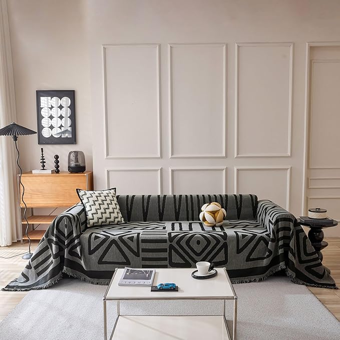VClife Boho Couch Cover for 3 Cushion Couch Chenille Sofa Cover for Sectional Sofa, Modern Sofa Slipcover Washable Couch Covers for L-Shape Sofa Reversible Sofa Protector, Dark Gray, 71''x134''