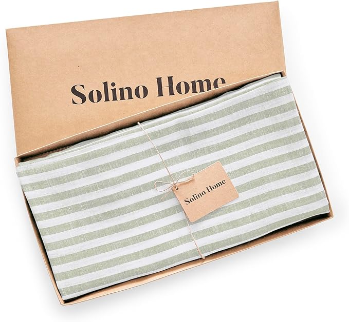 Solino Home Linen 60 Inch Round Tablecloth - Amalfi Stripe, 100% Pure Linen Sage and White Round Tablecloth - Machine Washable Table Cloth for Fall, Autumn, Thanksgiving, Christmas, Winter