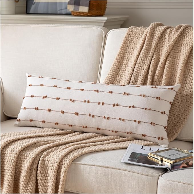 Caflife Boho Lumbar Throw Pillow Covers 14x36 inches Long, Farmhouse Decorative Body Pillow for Bed and Sofa, Living Room Home Decor Couch Brown Pillowcase, Pack of 1