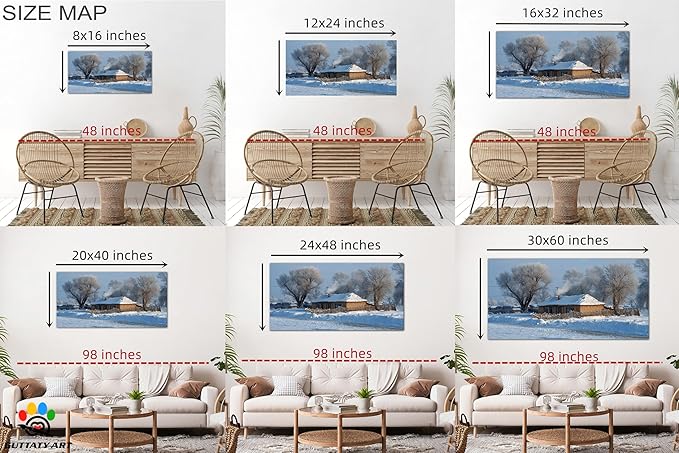 GUTTATY Christmas Winter Scene Canvas Wall Art, Cozy Snow-Covered House Canvas Prints, Peaceful Rural Snow Scene Wall Decor, Winter Pictures Posters for Living Room, Holiday Gift, 16x8 Inch