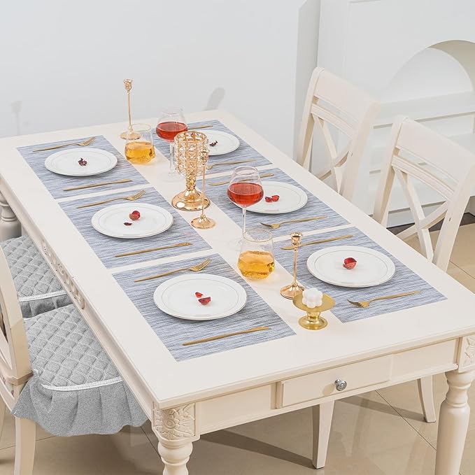 BACKTOEDEN Placemats Set of 12 Heat Resistant Washable Wipeable Placemats Woven Non-Slip Foldable Vinyl/Plastic Placemat Indoor/Outdoor Place Mats Kitchen Dining, Gray Silver Line