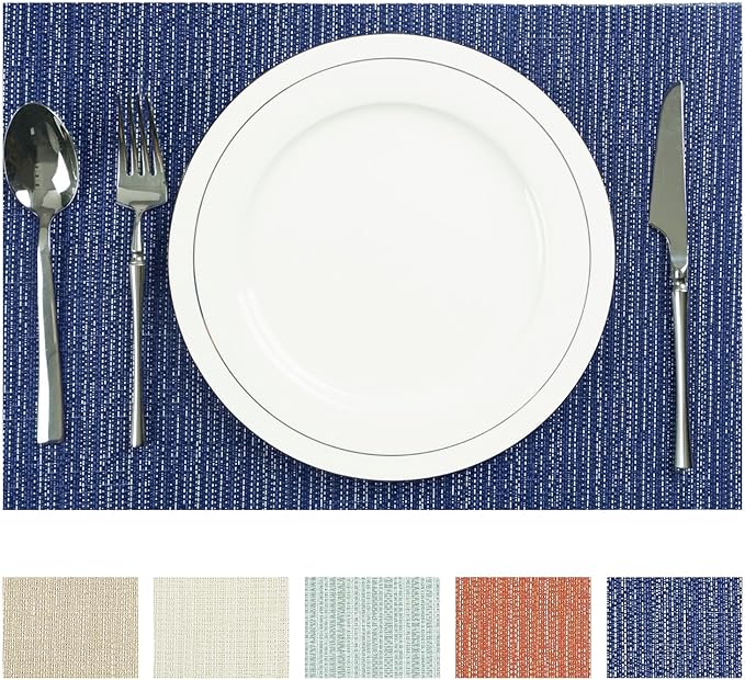 AHHFSMEI Placemats for Dining Table Set of 6 Woven Vinyl Plastic Place Mats Non-Slip Heat Insulation Stain Resistant Table Mats Washable Easy Clean Placemats (Multi Blue)
